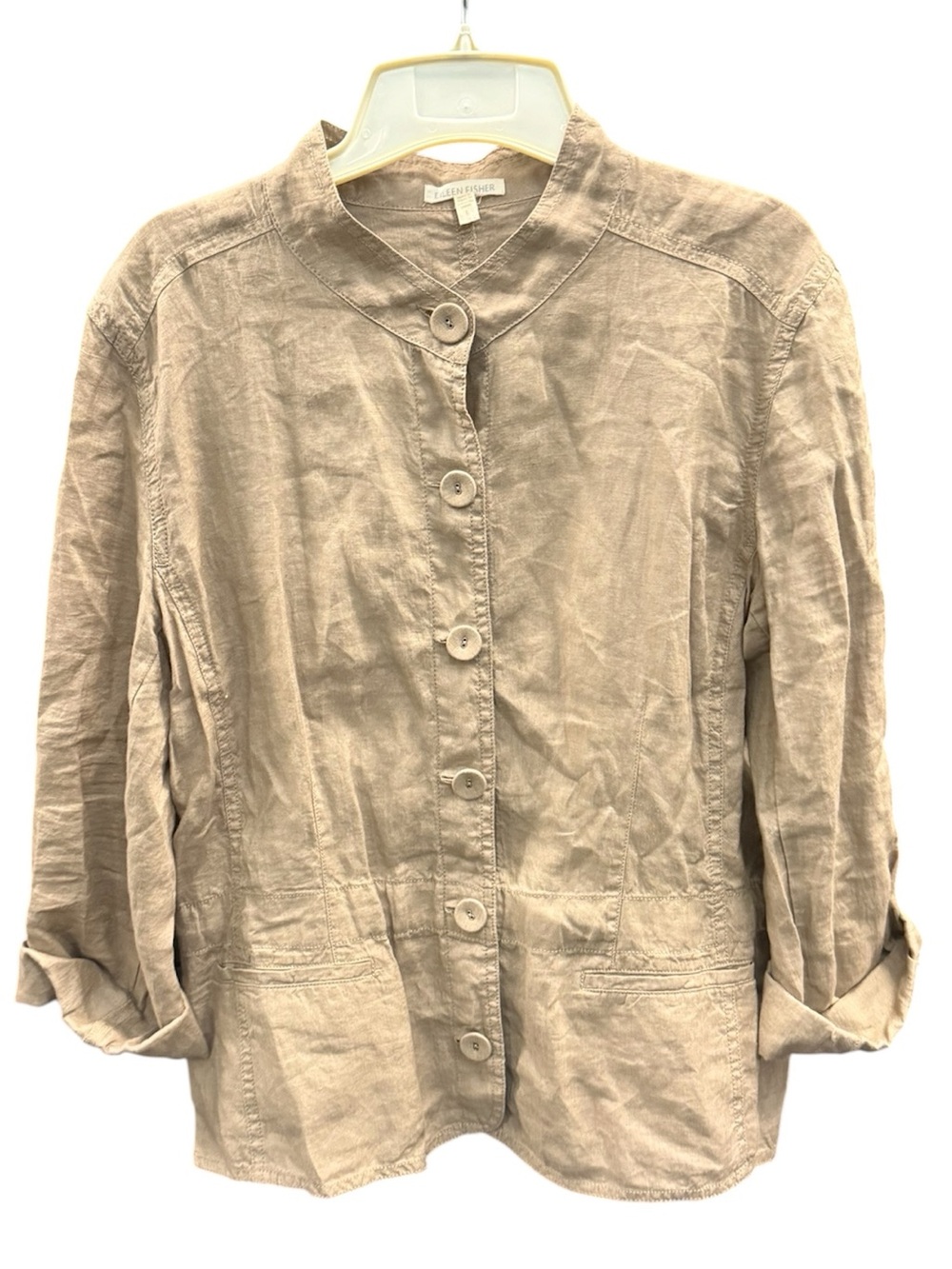 Eileen Fisher Tan Irish Linen Blazer Jacket 
Size Large Button Down & Back Tie